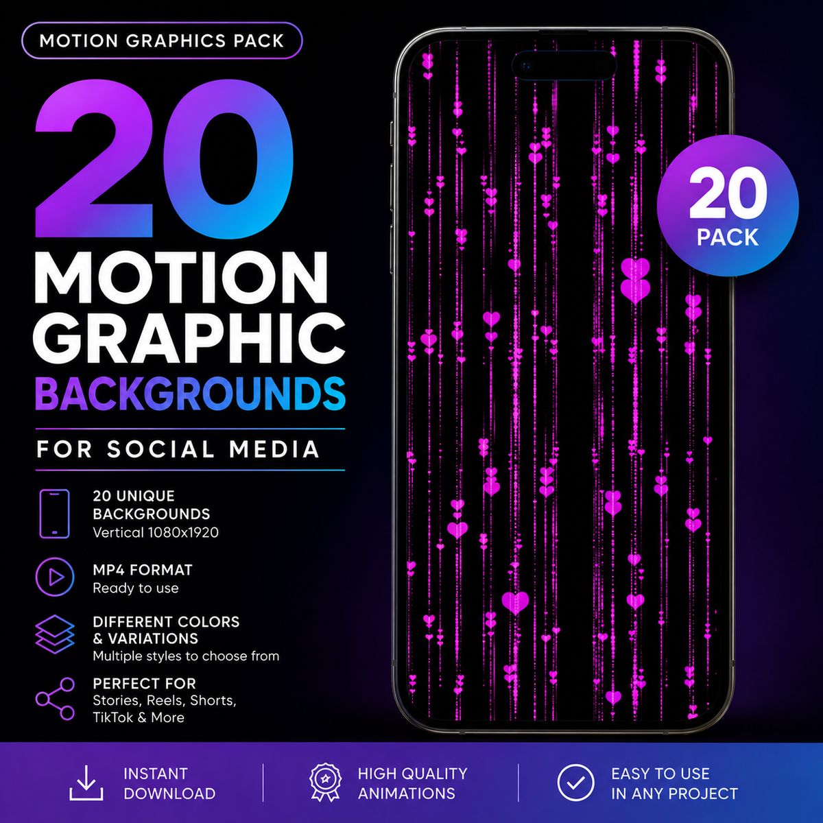 20 Motion Graphics Backgrounds for Social Media – Vertical 1080x1920 MP4 Pack